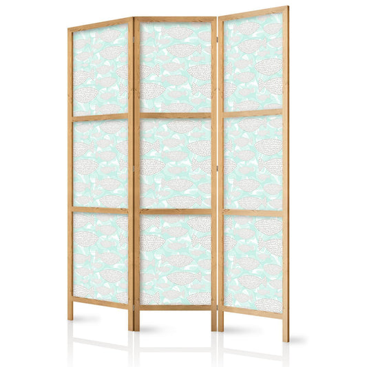 Japanischer Paravent - Minimalist Fish - Fish from Gray Dots on the Crystal Clear Water Surface in Mint Green Artgeist