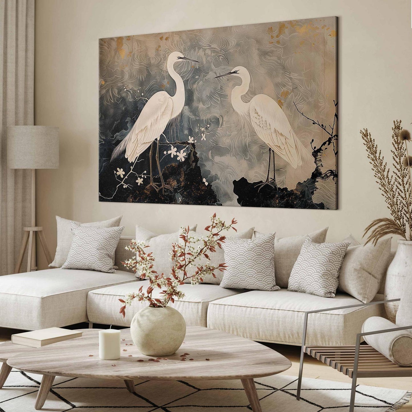 Wandbild XXL - Herons and cherry blossoms - oriental-style illustration depicting birds