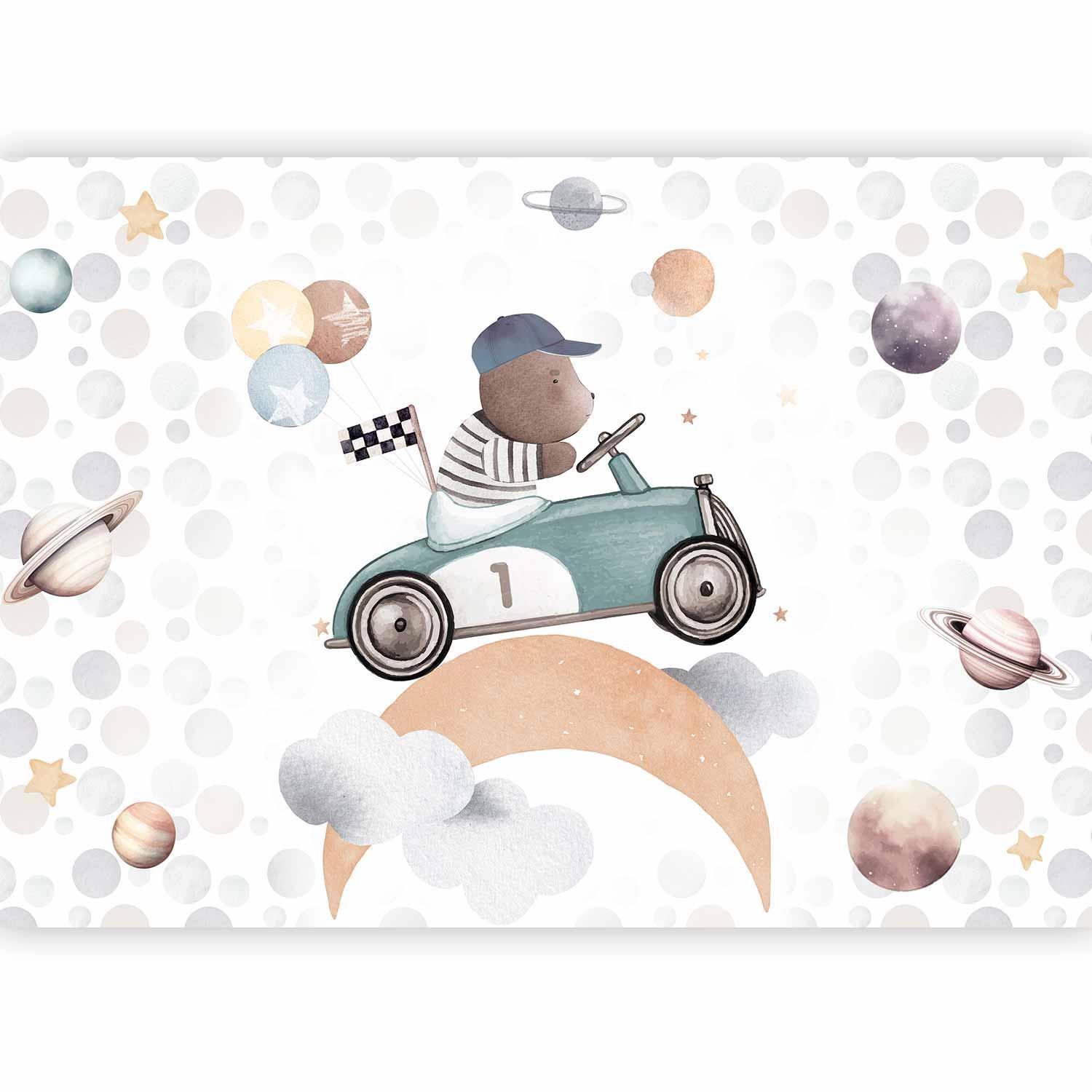 Fototapete - Teddy Bear in a Racing Car Artgeist