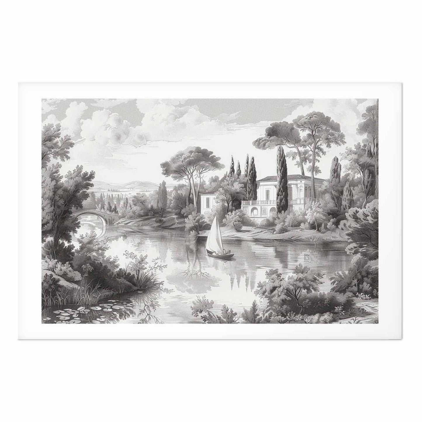 Poster - Black-and-White Vintage Landscape with a Pond