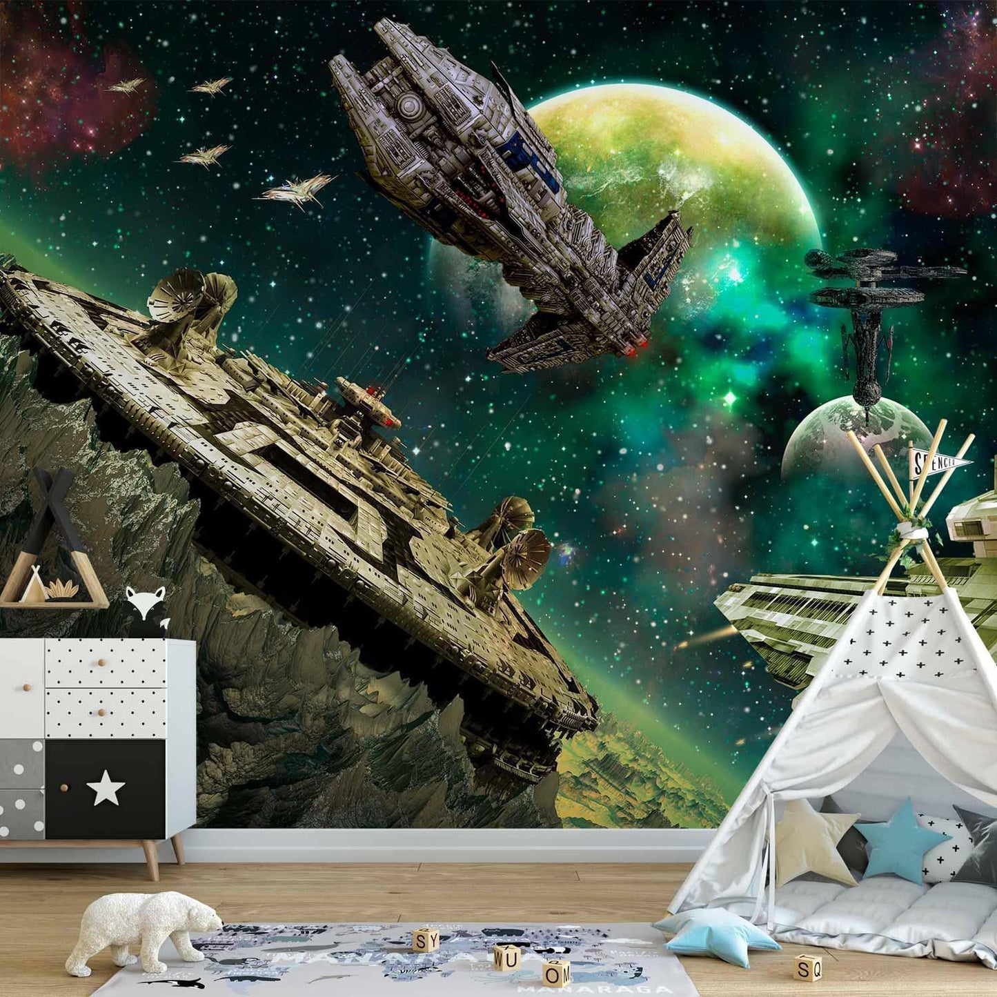 Space Fleet – Fototapete mit galaktischem Abenteuerdesign

