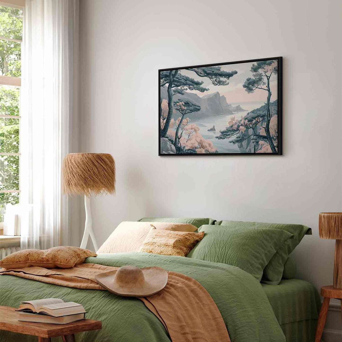 Leinwandbild - Mountainous Coast with Trees and Rocks in Light Pastel Blues