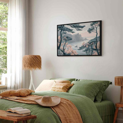 Leinwandbild - Mountainous Coast with Trees and Rocks in Light Pastel Blues