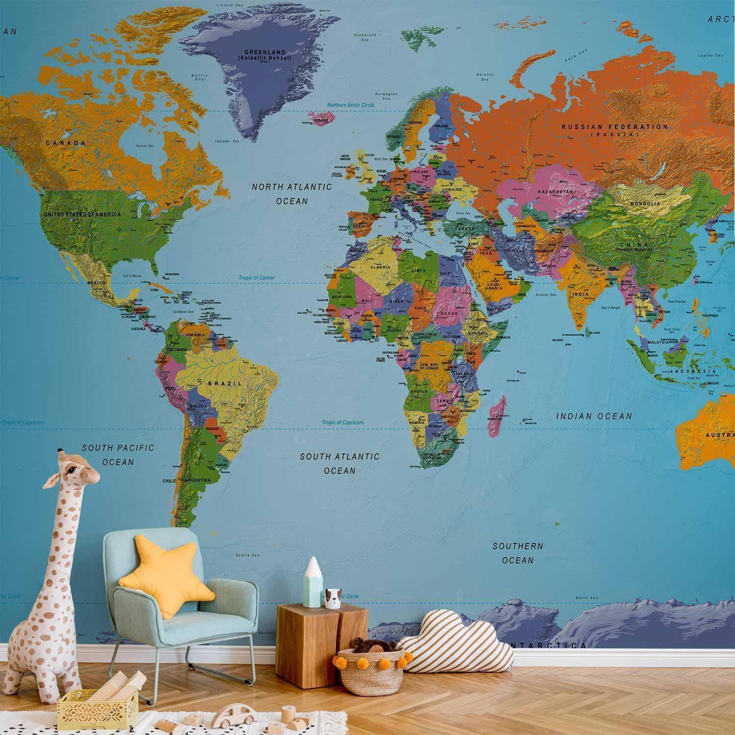 Fototapete „Weltkarte – Bunte Geografie“ – Farbenfrohes Wissensdesign für deine Wand sawelt.eu