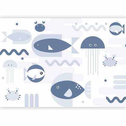 Fototapete - Minimalist ocean - geometric fish and crabs in water for kids