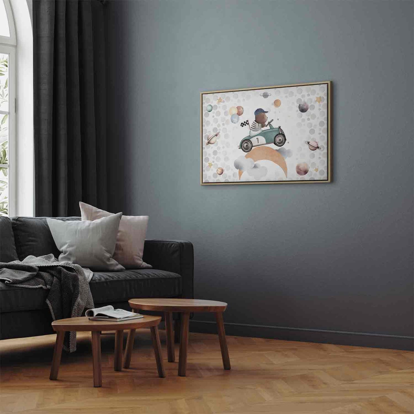 Leinwandbild - Galactic Races - A Bear Participating in Car Races Among Planets Clouds and Stars in Pastel Hues