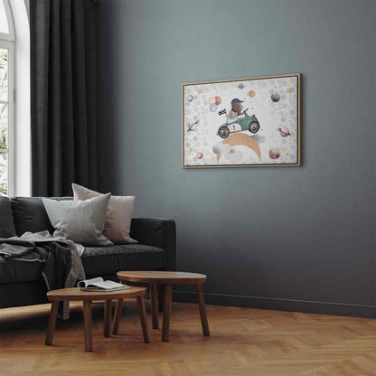 Leinwandbild - Galactic Races - A Bear Participating in Car Races Among Planets Clouds and Stars in Pastel Hues