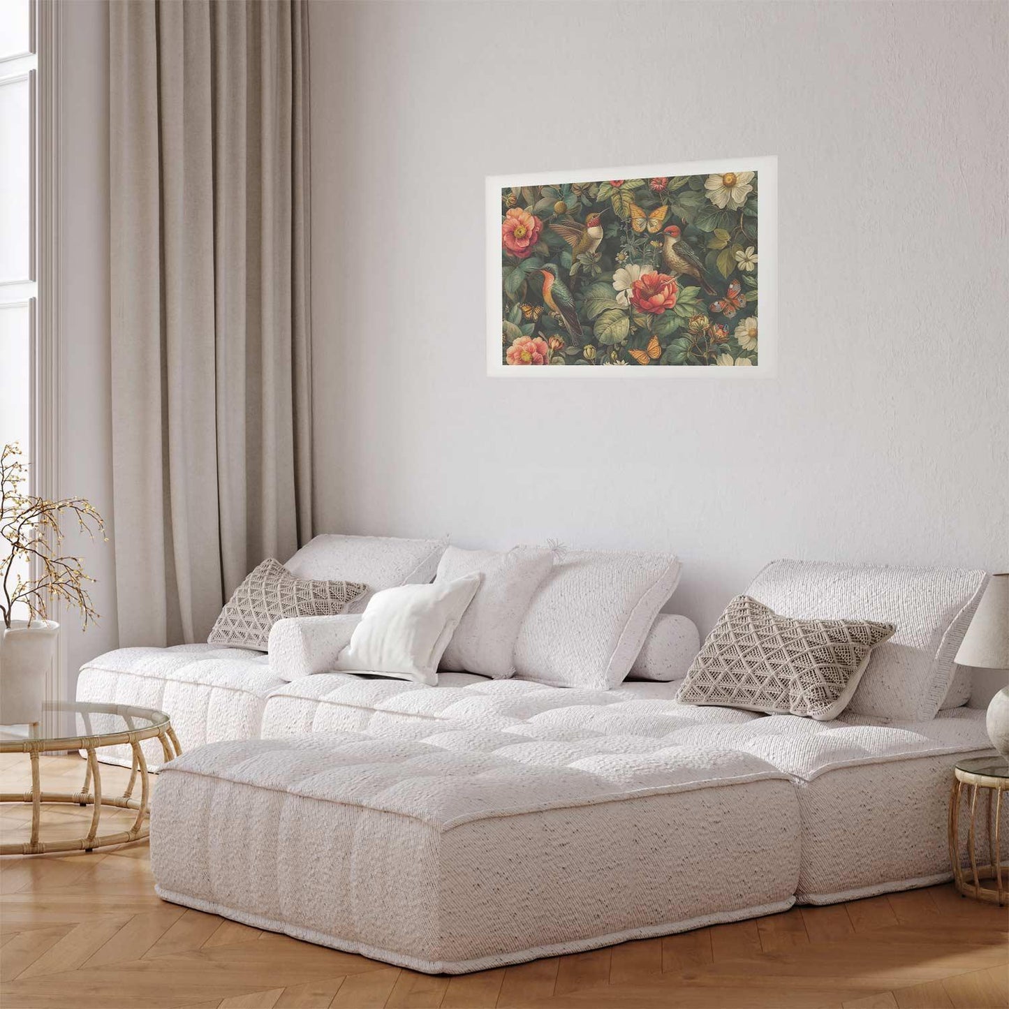 Illustration im botanischen Stil mit Vögeln und Blüten