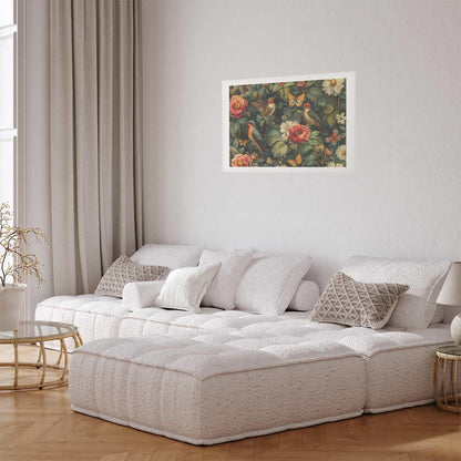 Illustration im botanischen Stil mit Vögeln und Blüten