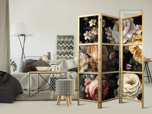Japanischer Paravent - Floristry in Vintage Style - Huge Colorful Flowers on a Black Background