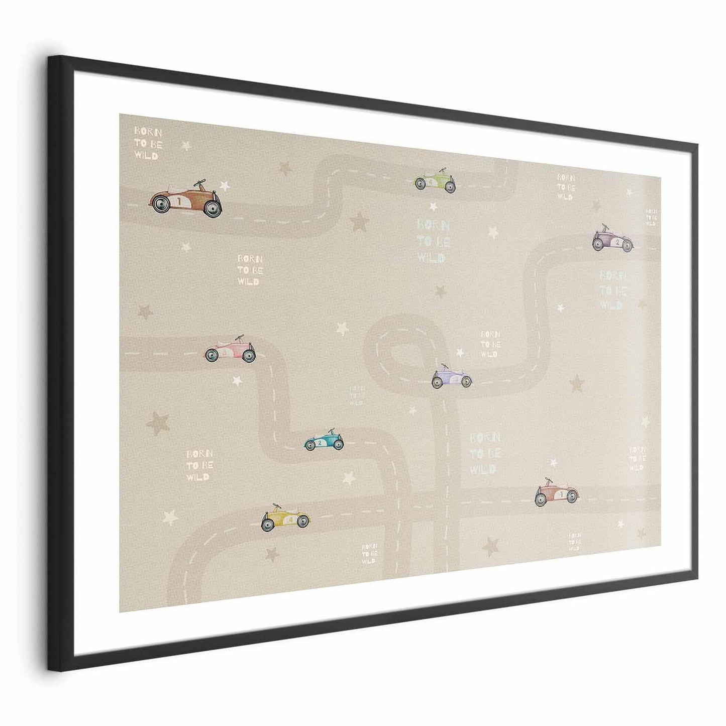 Poster showcasing racing cars on a stylish track design, perfect for modern interior decor.