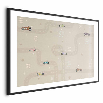 Poster showcasing racing cars on a stylish track design, perfect for modern interior decor.