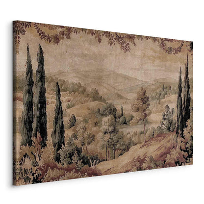 Leinwandbild - Mediterranean landscape - old tapestry with a hill and a lake