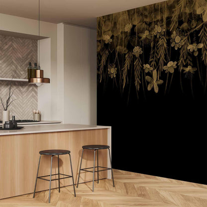 Fototapete - Nature landscape - black abstract nature motif with flowers in sepia