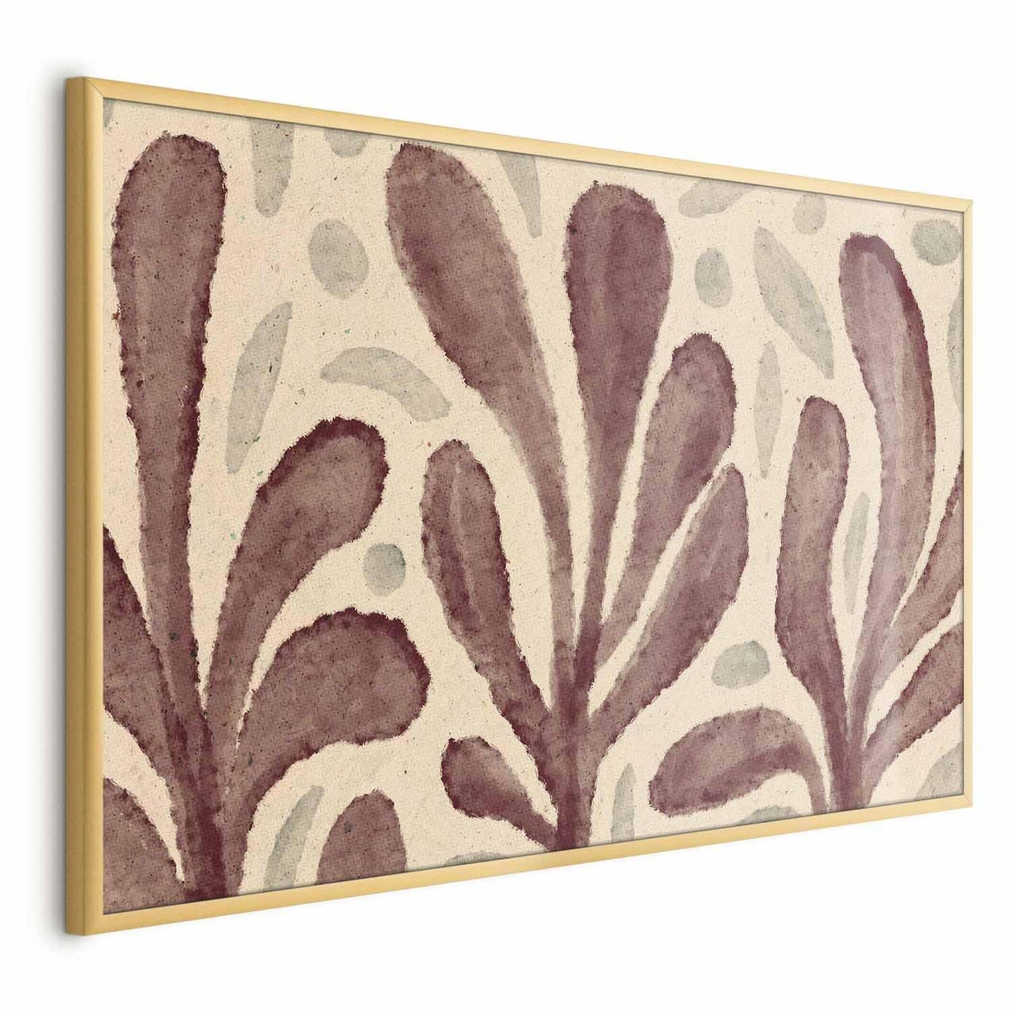 Leaves and spots poster with large trembling shapes inspired by Matisse, gold frame.