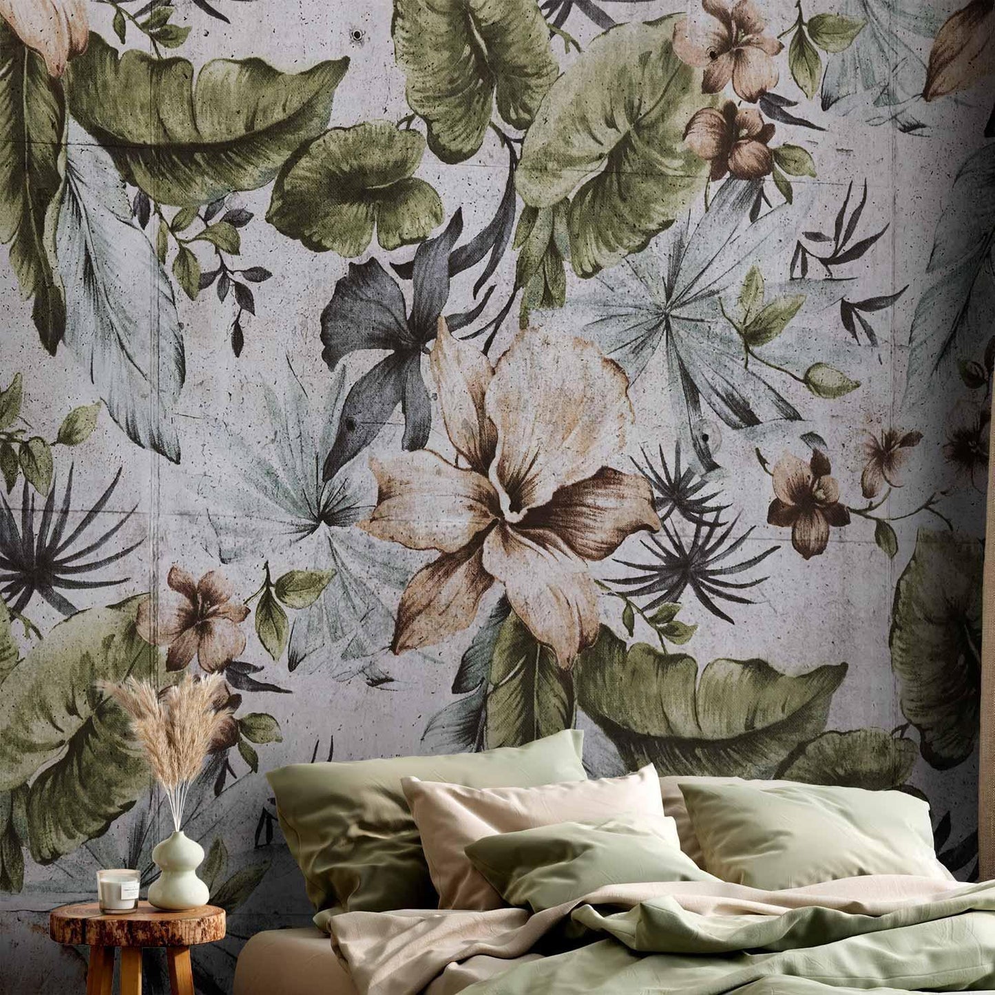 Fototapete - Nature in retro style - jungle landscape with pale leaves and flowers