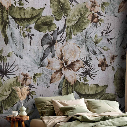 Fototapete - Nature in retro style - jungle landscape with pale leaves and flowers