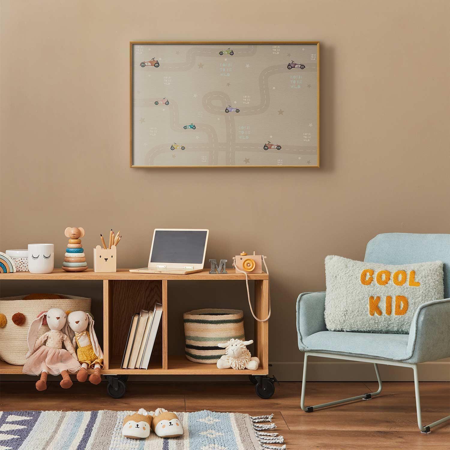 Poster of racing cars in a cozy children's room.
