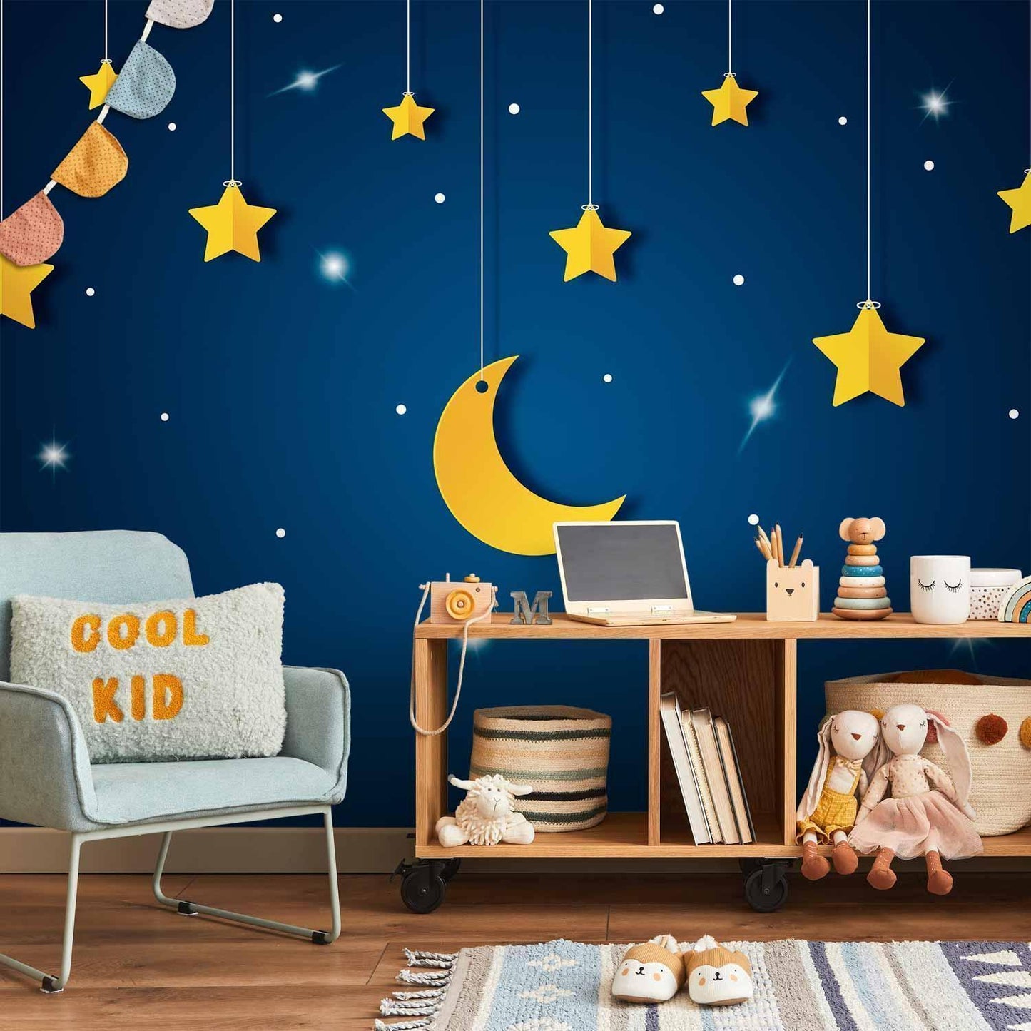 Fototapete - Skyline - night sky landscape with stars and moon for children Artgeist