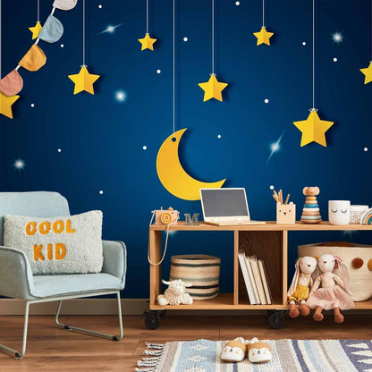 Fototapete - Skyline - night sky landscape with stars and moon for children Artgeist