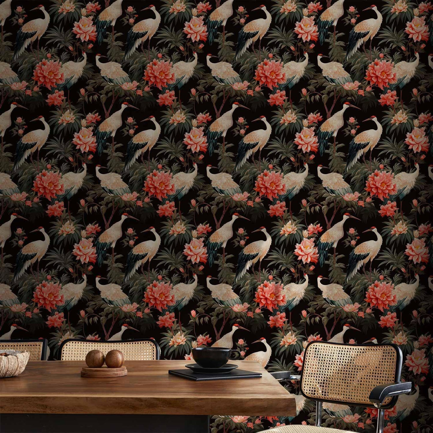 Tapete - Ornament with birds - silhouettes of cranes and peony flowers on a dark background