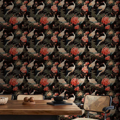 Tapete - Ornament with birds - silhouettes of cranes and peony flowers on a dark background