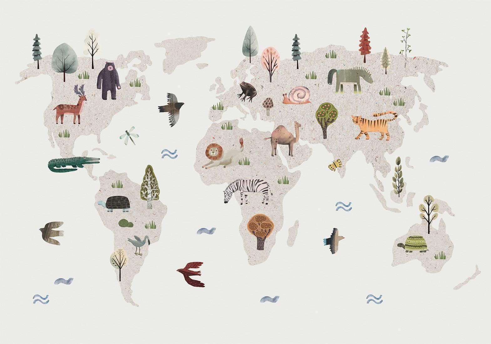 Fototapete - Beige World - Continents With Animals in Muted Colours Artgeist