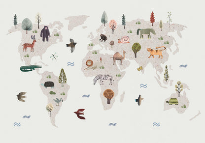 Fototapete - Beige World - Continents With Animals in Muted Colours Artgeist