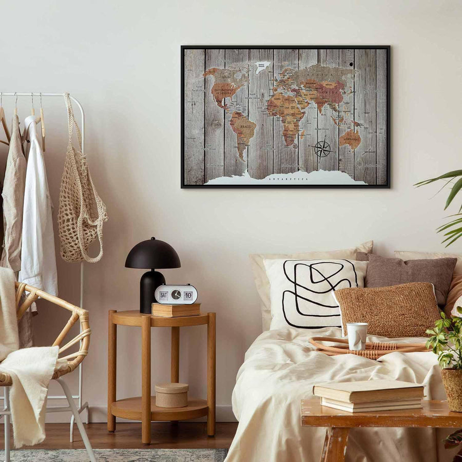 Leinwandbild - World Map: Wooden Stories Artgeist