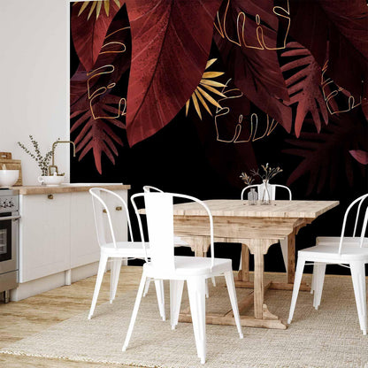 Fototapete - Jungle and composition - red and gold leaf motif on black background