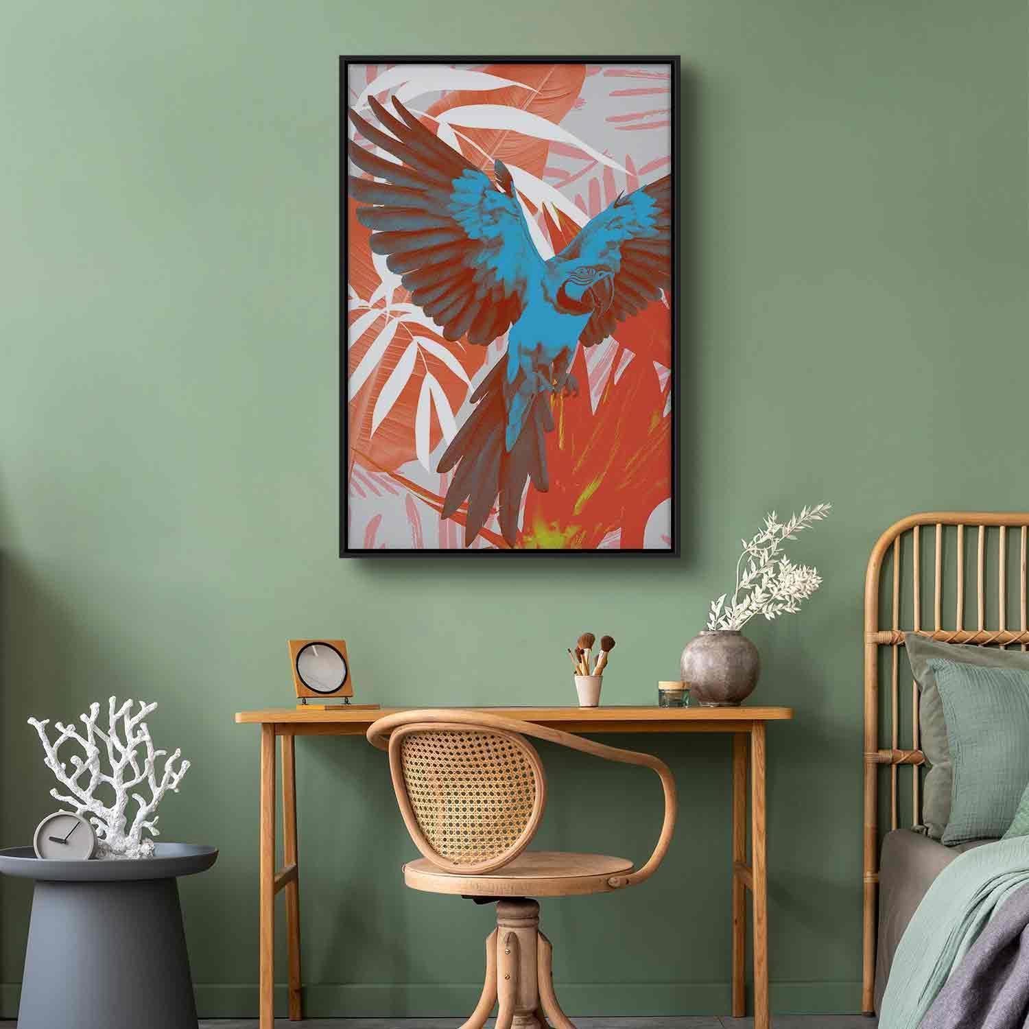 Leinwandbild - Exotic Wings - Parrot Among Abstract Leaf Patterns Artgeist