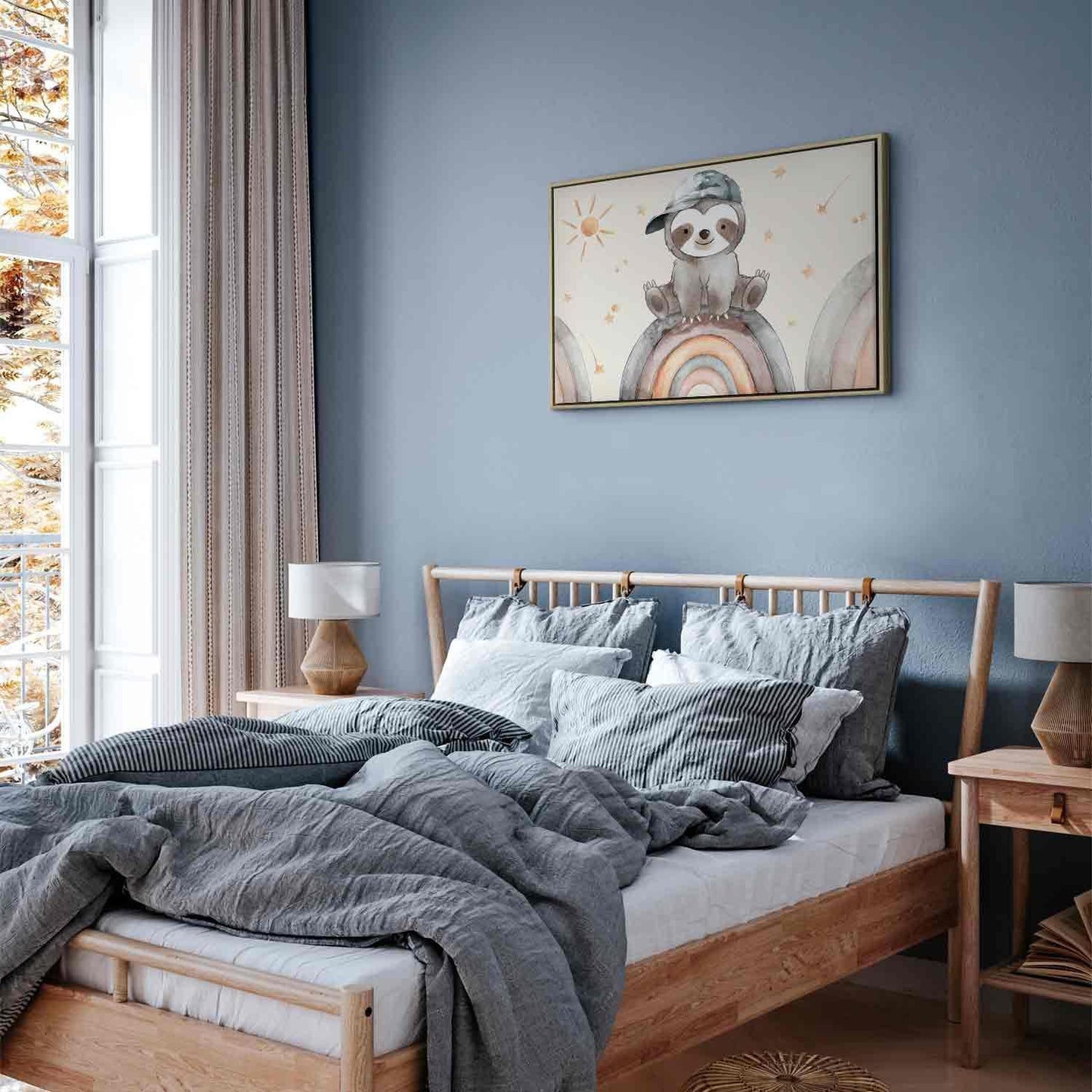 Leinwandbild - Happy Sloth - Sloth in Subdued Colors Wearing a Cap Sitting on a Rainbow Among Little Stars Artgeist