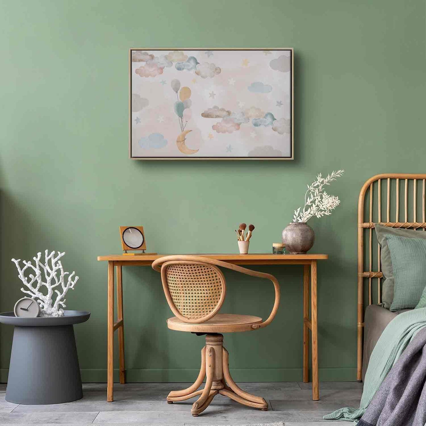 Leinwandbild - Fairy-Tale Moon - Pastel Moon with Balloons Among Colorful Clouds and Stars in Subdued Colors on a Light Background