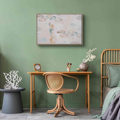 Leinwandbild - Fairy-Tale Moon - Pastel Moon with Balloons Among Colorful Clouds and Stars in Subdued Colors on a Light Background