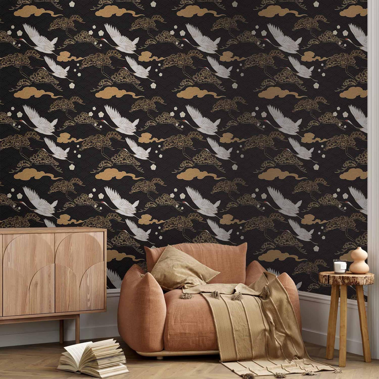 Tapete - Oriental impressions - decorative pattern with a motif of flying cranes on a dark background