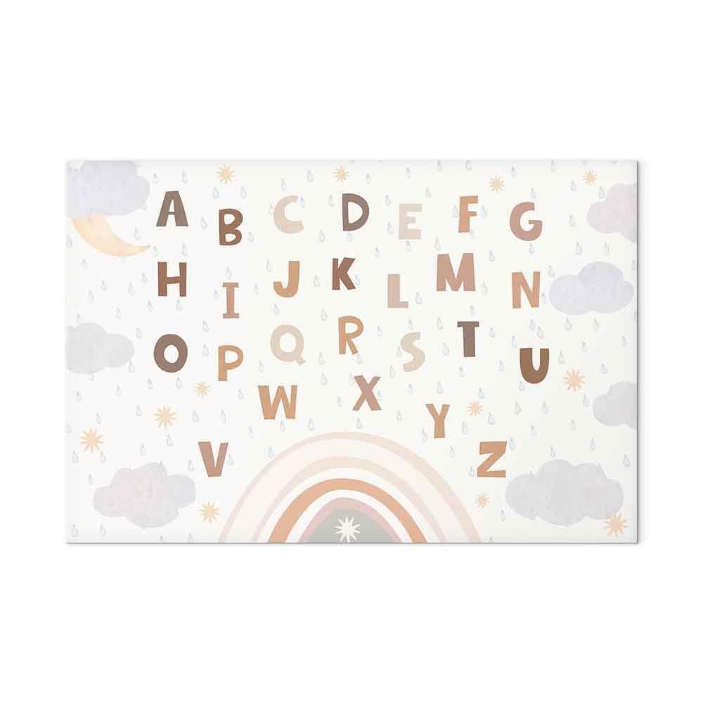 Leinwandbild - Letters Above the Rainbow - Letters Among Streams of Rain and Clouds with a Rainbow Moon and Stars on a Light Background