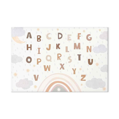 Leinwandbild - Letters Above the Rainbow - Letters Among Streams of Rain and Clouds with a Rainbow Moon and Stars on a Light Background