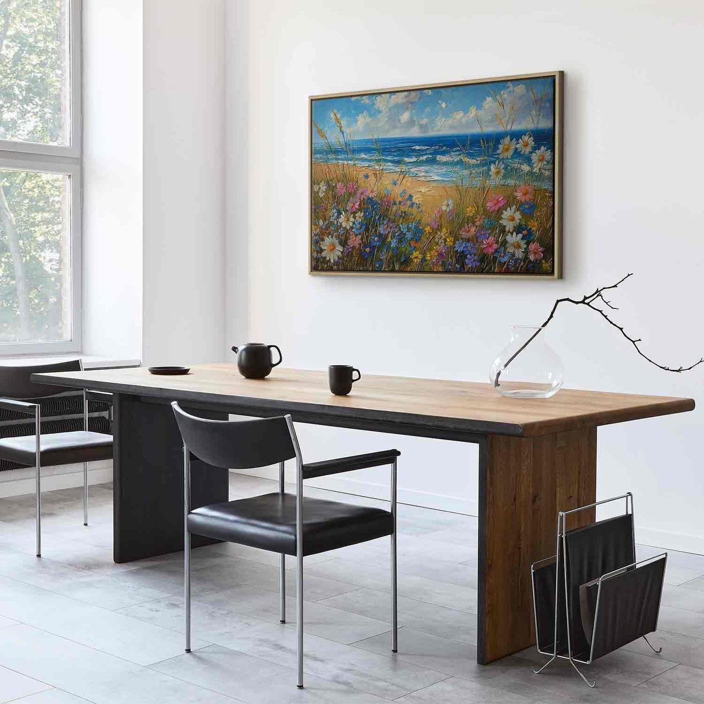 Leinwandbild - Seascape – wildflowers and a view of the rough sea