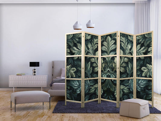 Japanischer Paravent - Dark Green Victorian Leaves - Botanical Carved Composition Artgeist