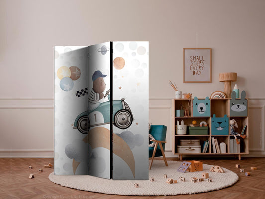 Paravent - Galactic Races - Bear Participating in Car Races Among Planets - Clouds - and Stars in Pastel Hues