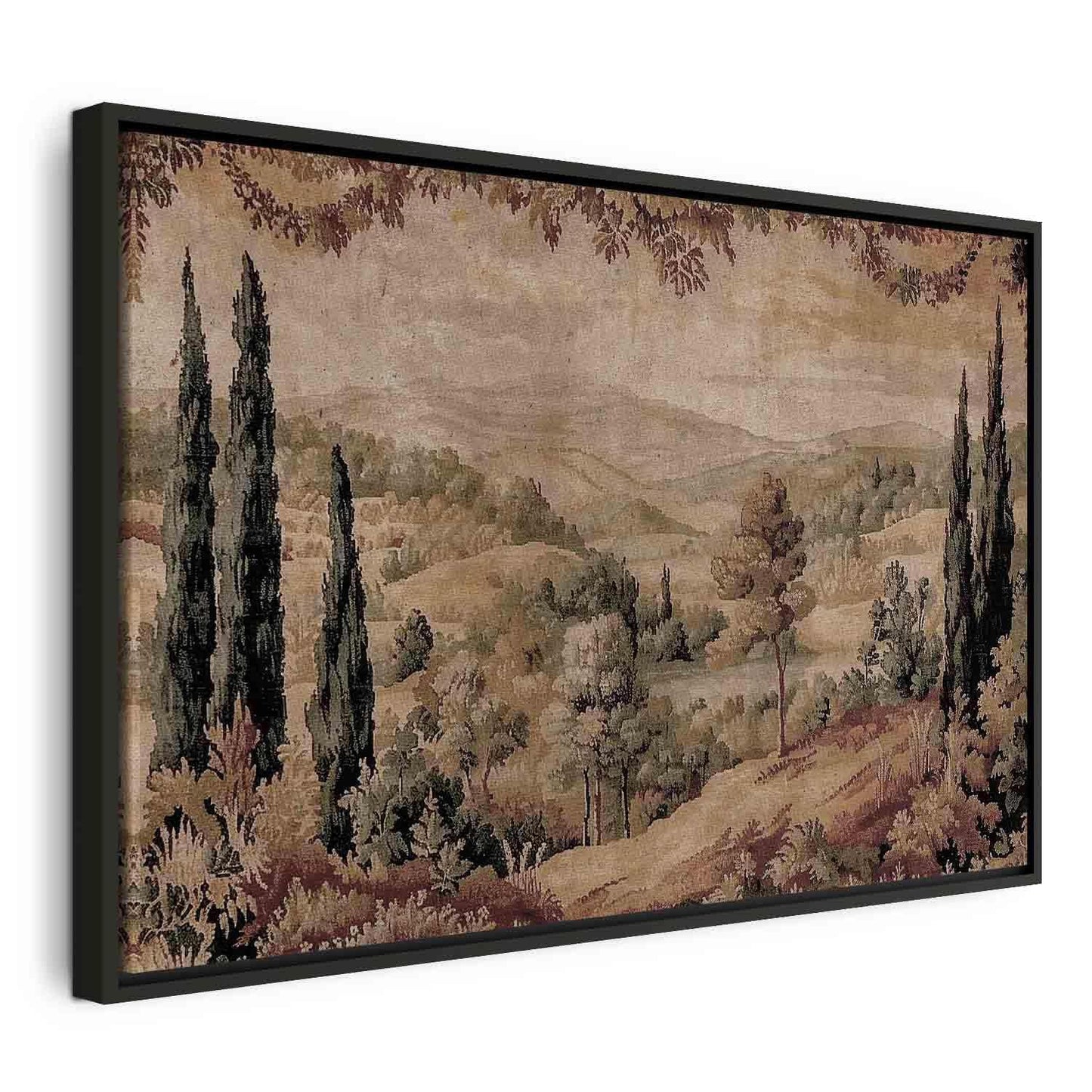 Leinwandbild - Mediterranean landscape - old tapestry with a hill and a lake