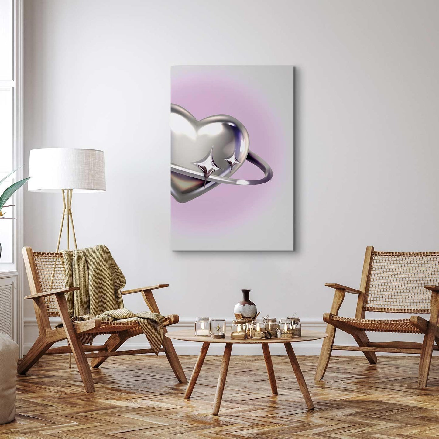 Leinwandbild - Cosmic Heart - Silver Heart with a Ring on a Purple Background Artgeist