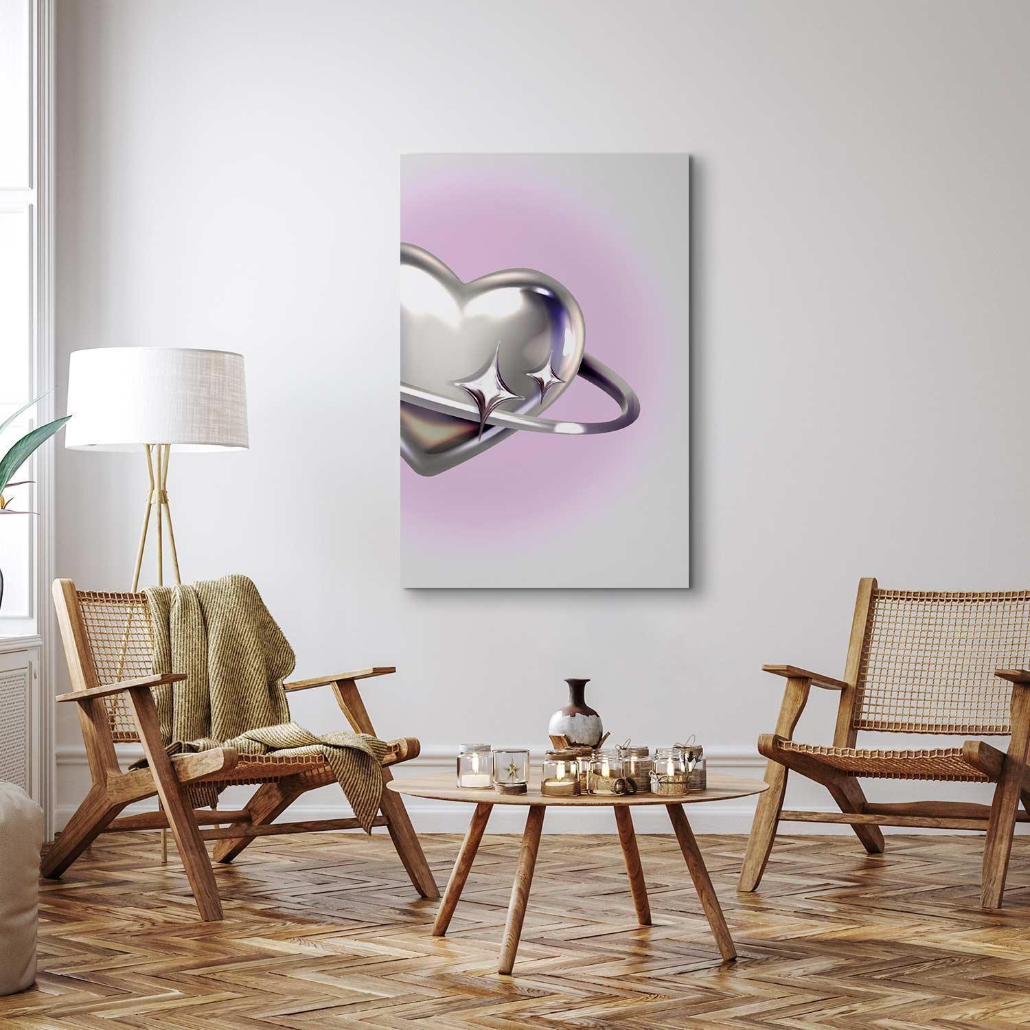 Leinwandbild - Cosmic Heart - Silver Heart with a Ring on a Purple Background Artgeist