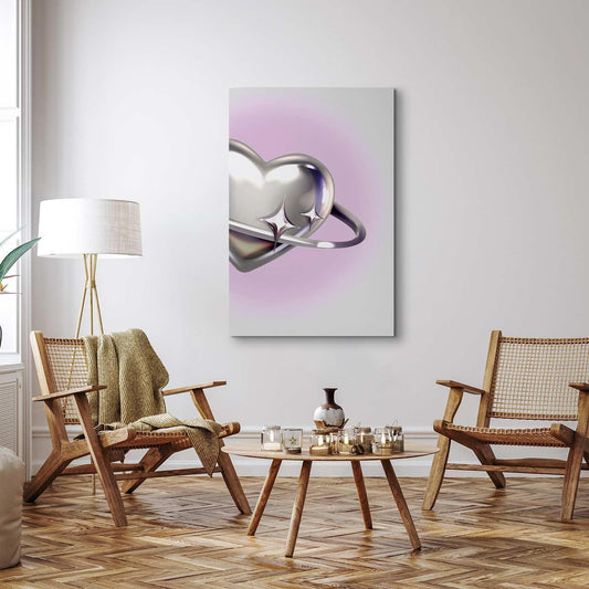 Leinwandbild - Cosmic Heart - Silver Heart with a Ring on a Purple Background Artgeist