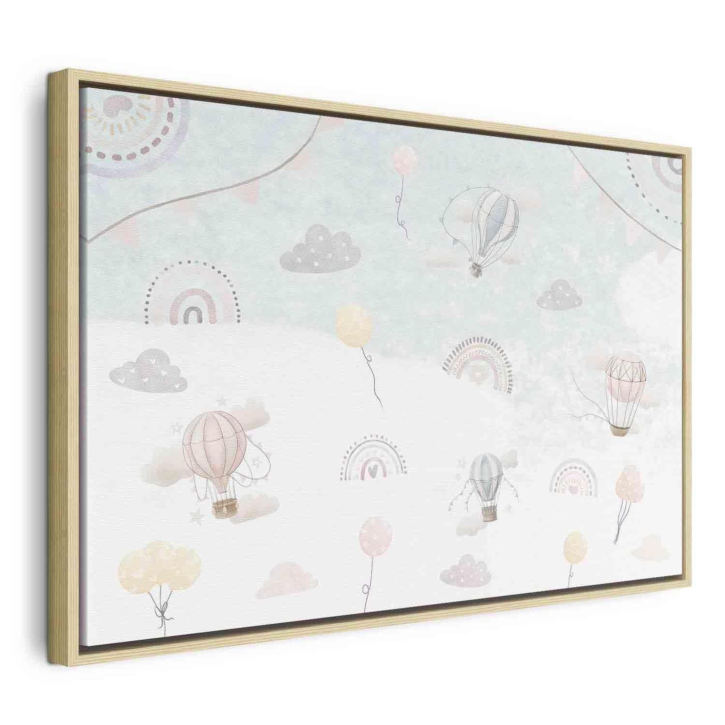 Leinwandbild - Sky with Balloons - Balloons in Subdued Colors Flying in the Sky Among Clouds Rainbows and Stars