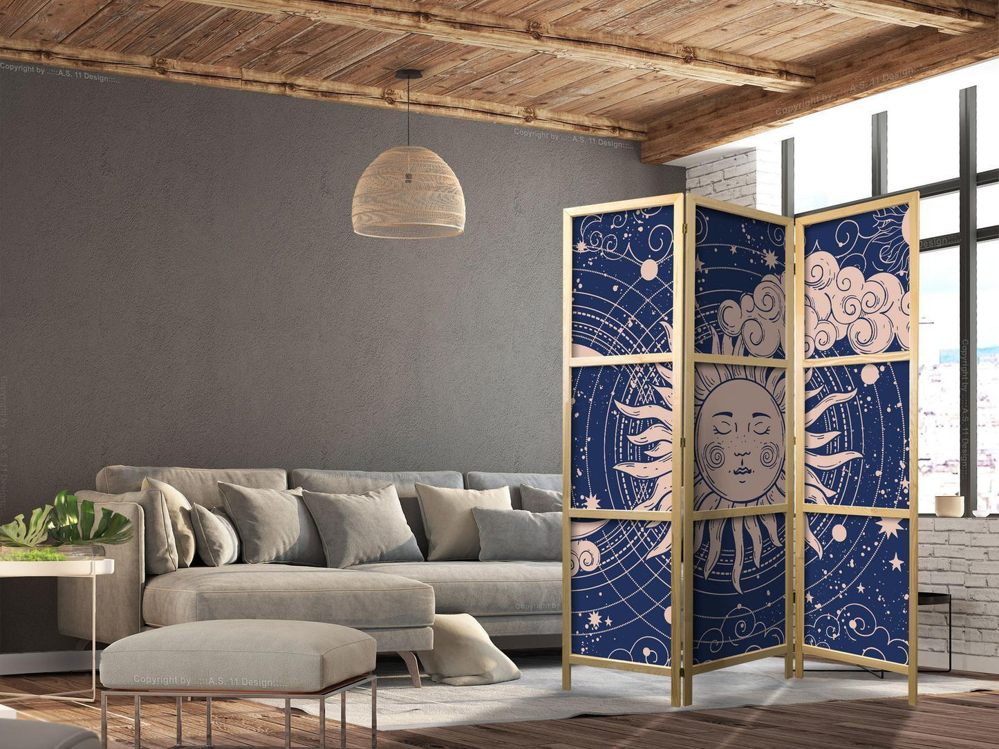 Japanischer Paravent - Cosmic Harmony - Illustration of the Sun and Moon on a Navy Background Artgeist