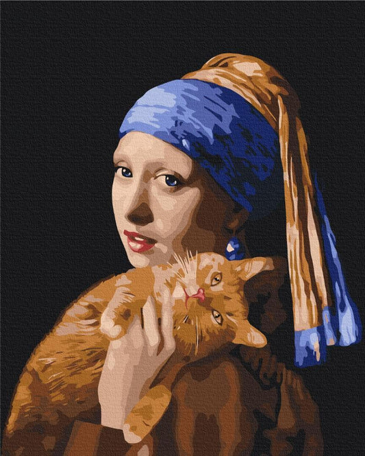 Malen nach Zahlen - Girl with a pearl and a ginger cat
