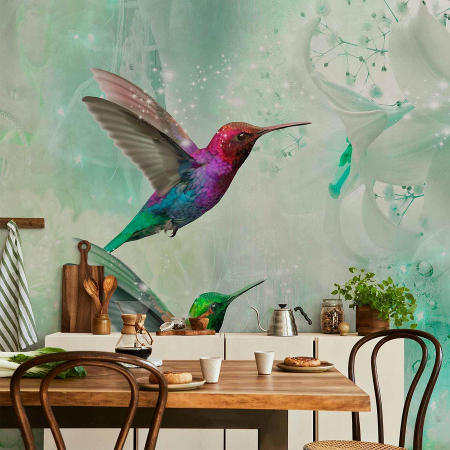 Fototapete Kolibris im Dschungel – Farbenfrohe Exotik in Grün