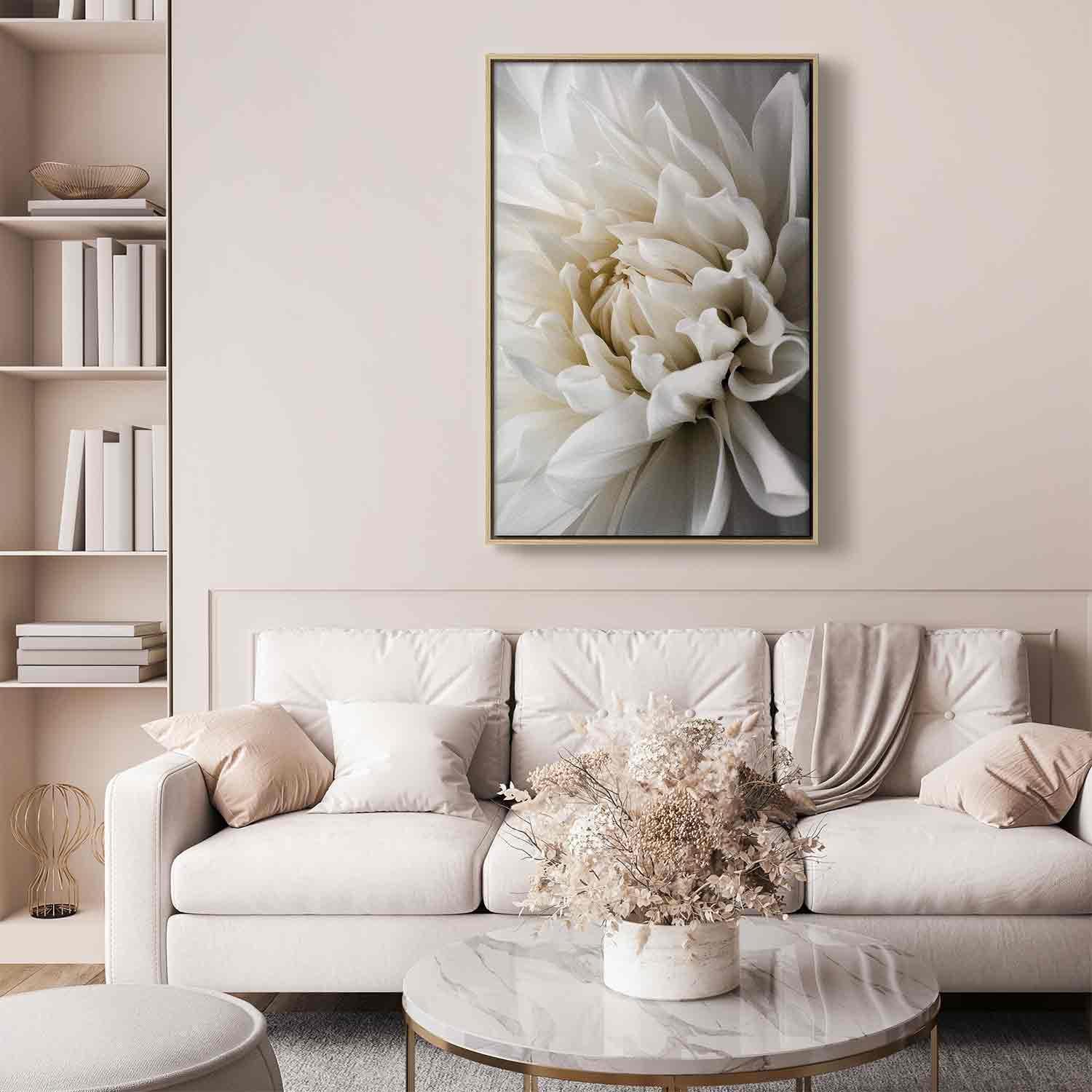 canvas art White Dahlia in living room decor