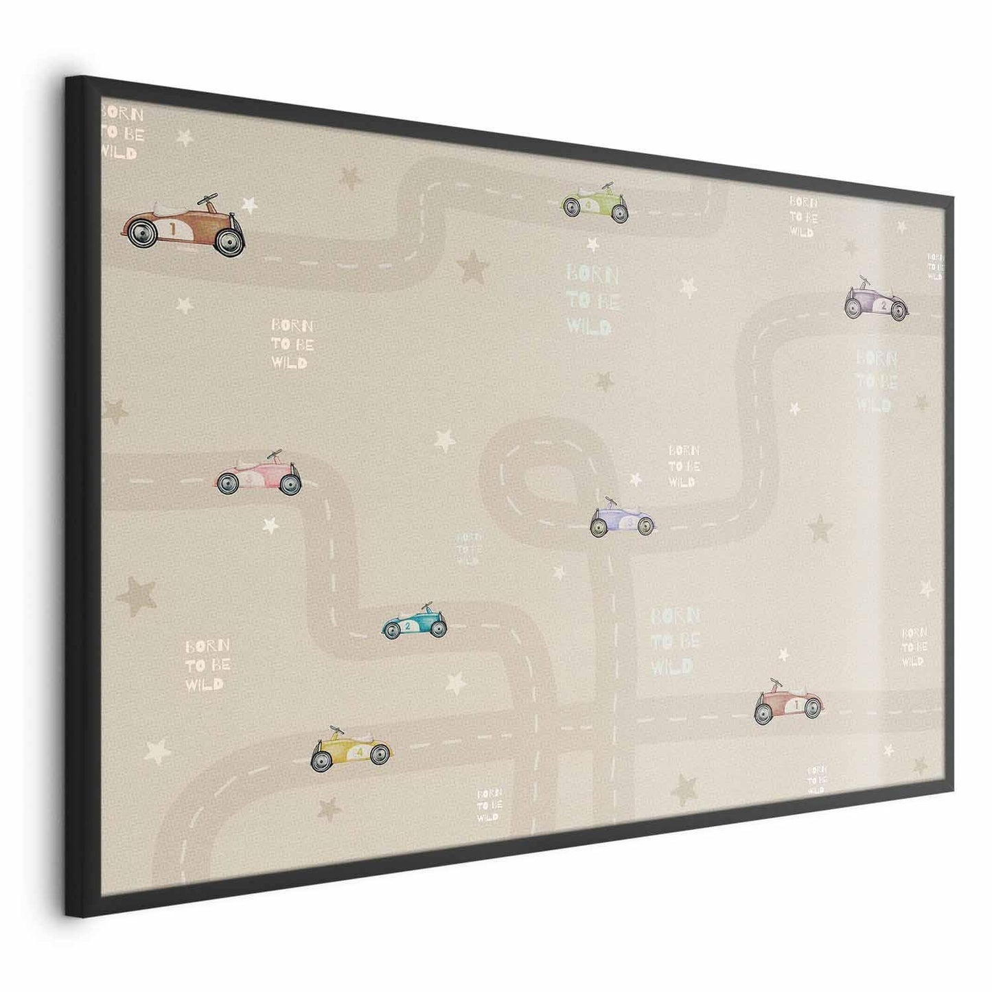 Poster featuring racing cars on a whimsical track design in a sleek black frame.